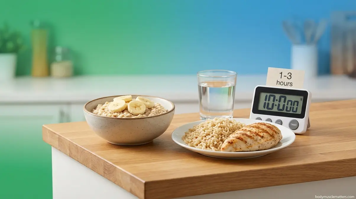 Pre-workout meal preparation showing oatmeal with banana, brown rice, and chicken one to three hours before exercise