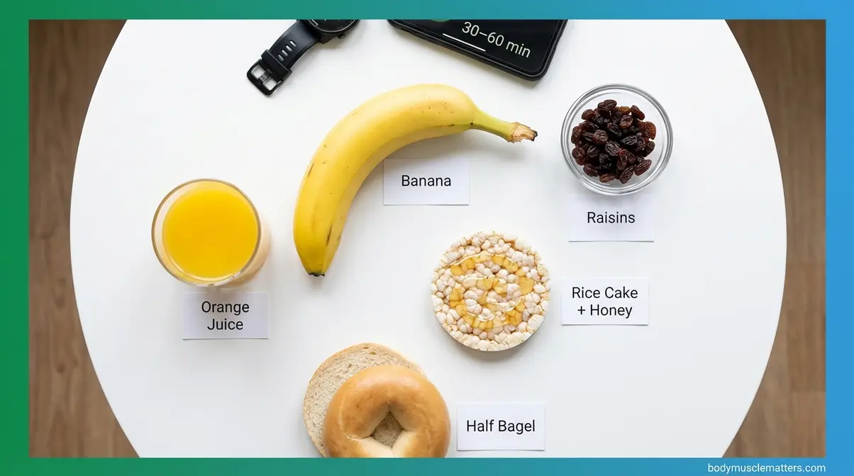 Quick pre-workout snacks including banana, raisins, rice cake, juice, and bagel for energy thirty to sixty minutes before exercise