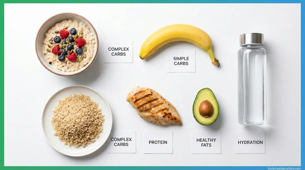 Key nutrition foods for exercise including oatmeal, chicken, banana, avocado, and water bottle laid flat