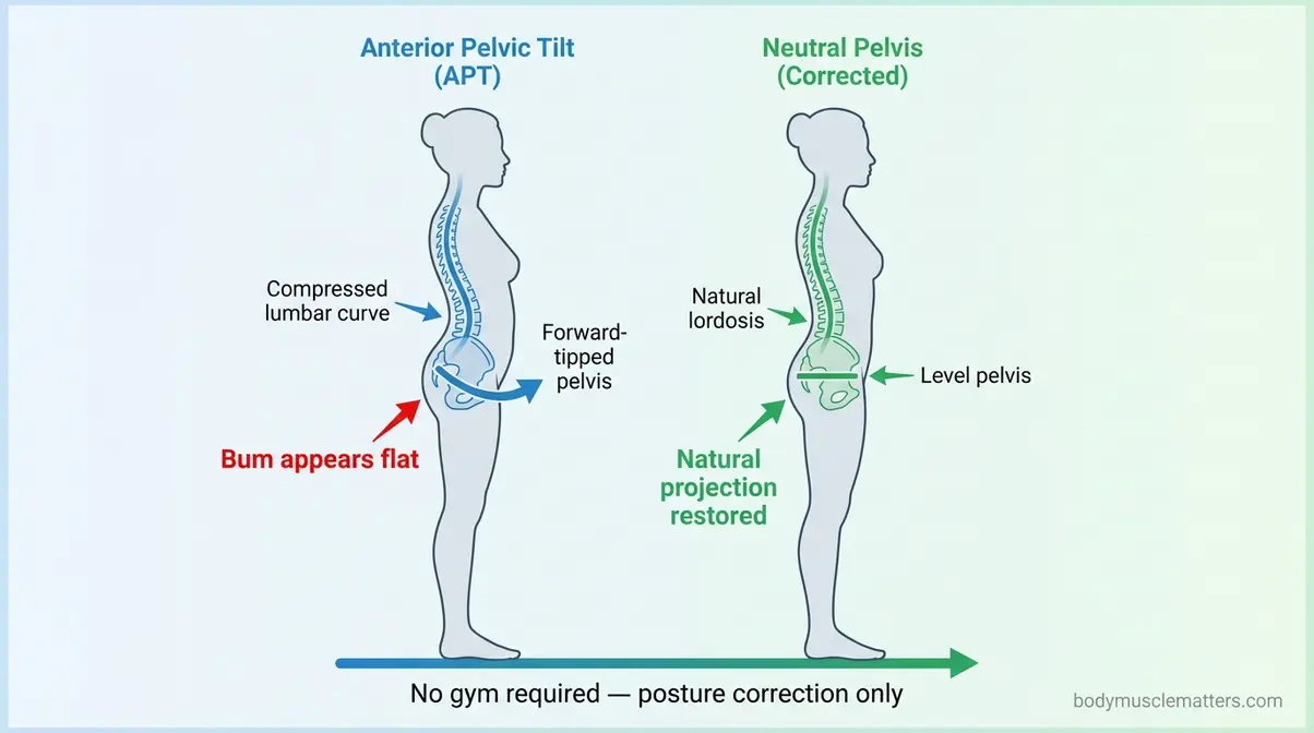 Diagram comparing anterior pelvic tilt posture to corrected neutral spine showing bigger bum projection without exercise