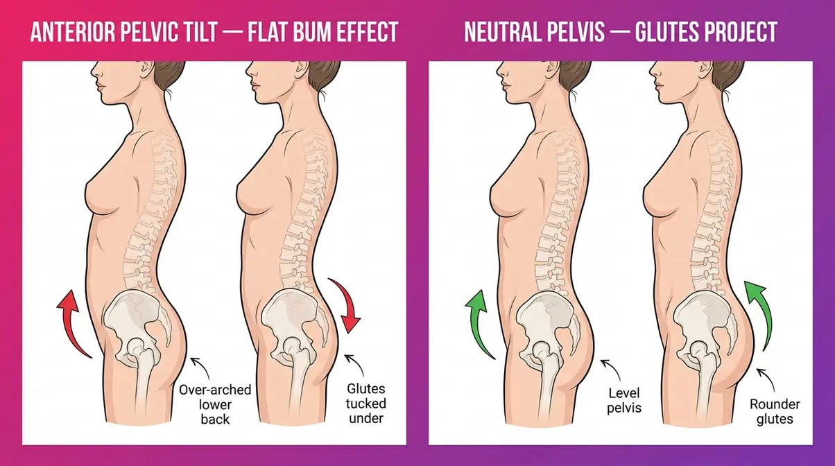 Side-by-side diagram of anterior pelvic tilt versus neutral spine alignment showing glute projection difference