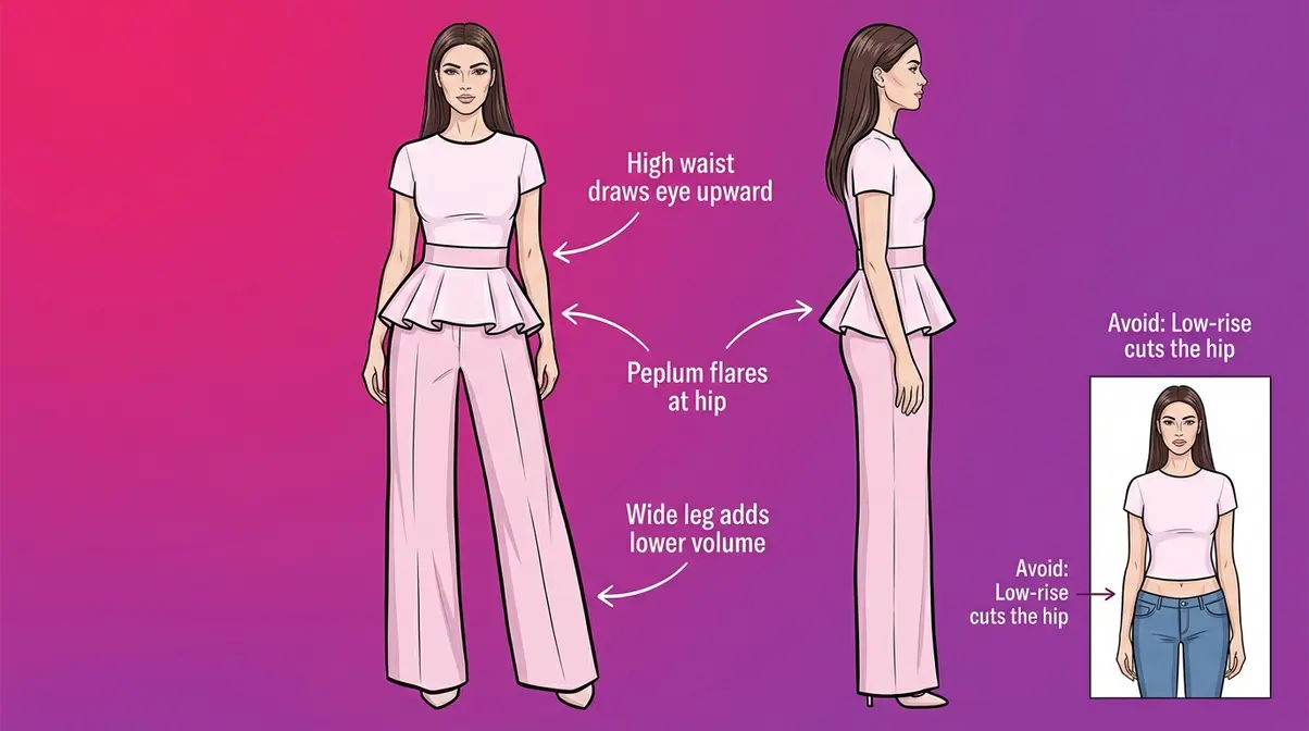 Illustrated guide showing clothing and posture techniques for getting bigger hips and a rounder bum without exercise