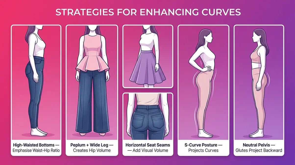 Illustrated guide showing clothing choices and posture positions that visually create bigger hips and a rounder bum