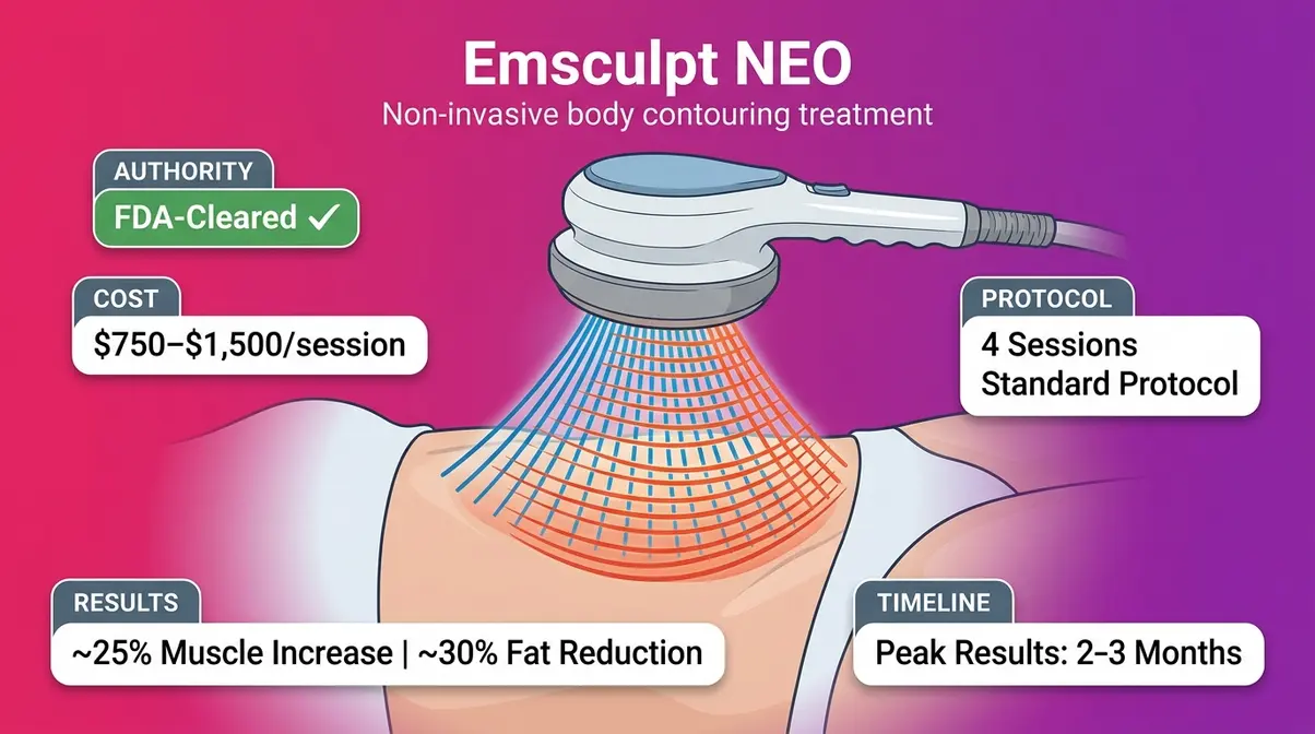 Clinical illustration of Emsculpt NEO device showing HIFEM and radiofrequency energy for non-surgical muscle toning and fat reduction
