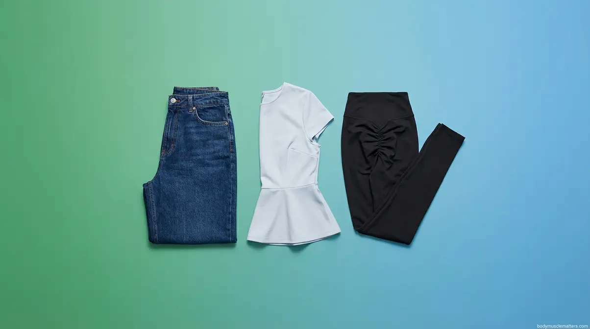 Fashion items including high-waisted jeans scrunch leggings and peplum top for bigger bum without exercise