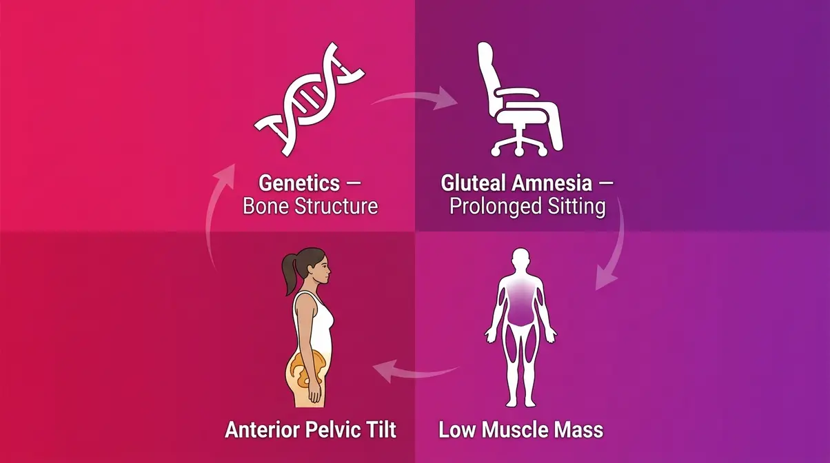 Illustrated diagram showing four main causes of a flat bum including genetics, gluteal amnesia, pelvic tilt, and low muscle mass