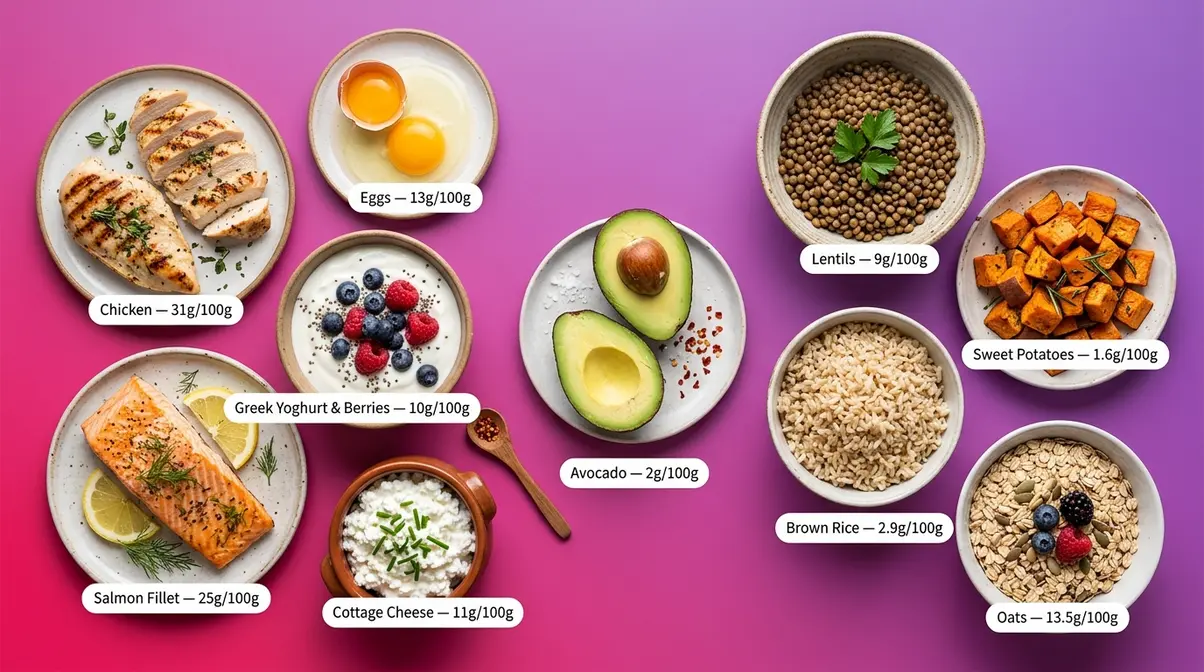 Flat-lay of glute-building foods including chicken, eggs, salmon, Greek yoghurt, lentils, and sweet potatoes with protein labels
