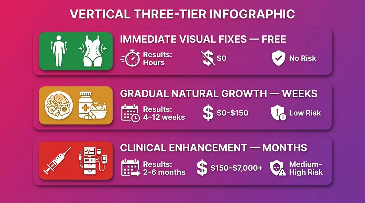 Infographic showing the three-tier system for getting a bigger bum without exercise ranked by speed, cost, and risk