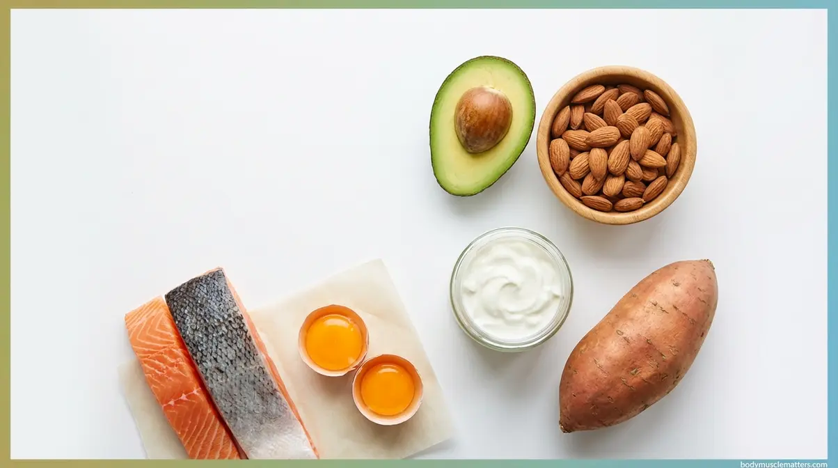 Healthy fat and protein foods including avocado salmon almonds eggs for bigger bum diet without exercise