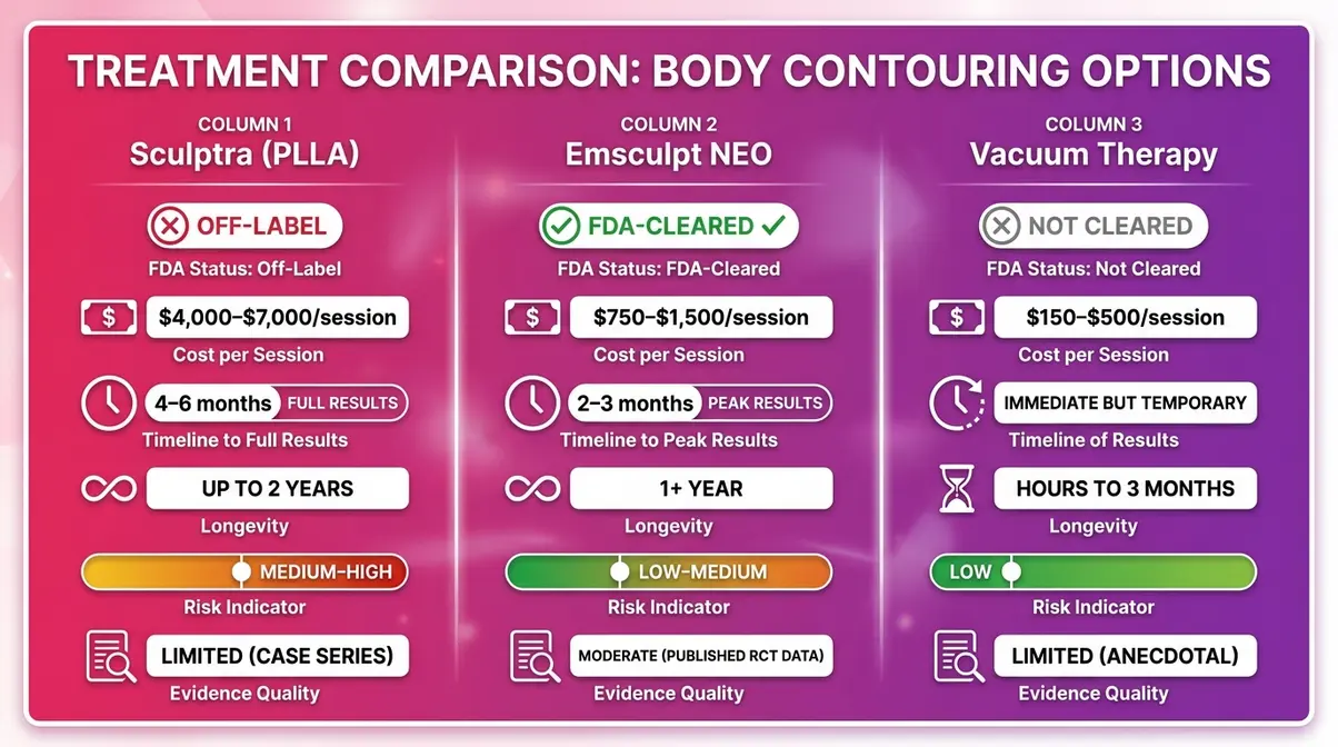 Comparison chart of Sculptra, Emsculpt NEO, and Vacuum Therapy for non-surgical butt enhancement showing cost, risk, and longevity