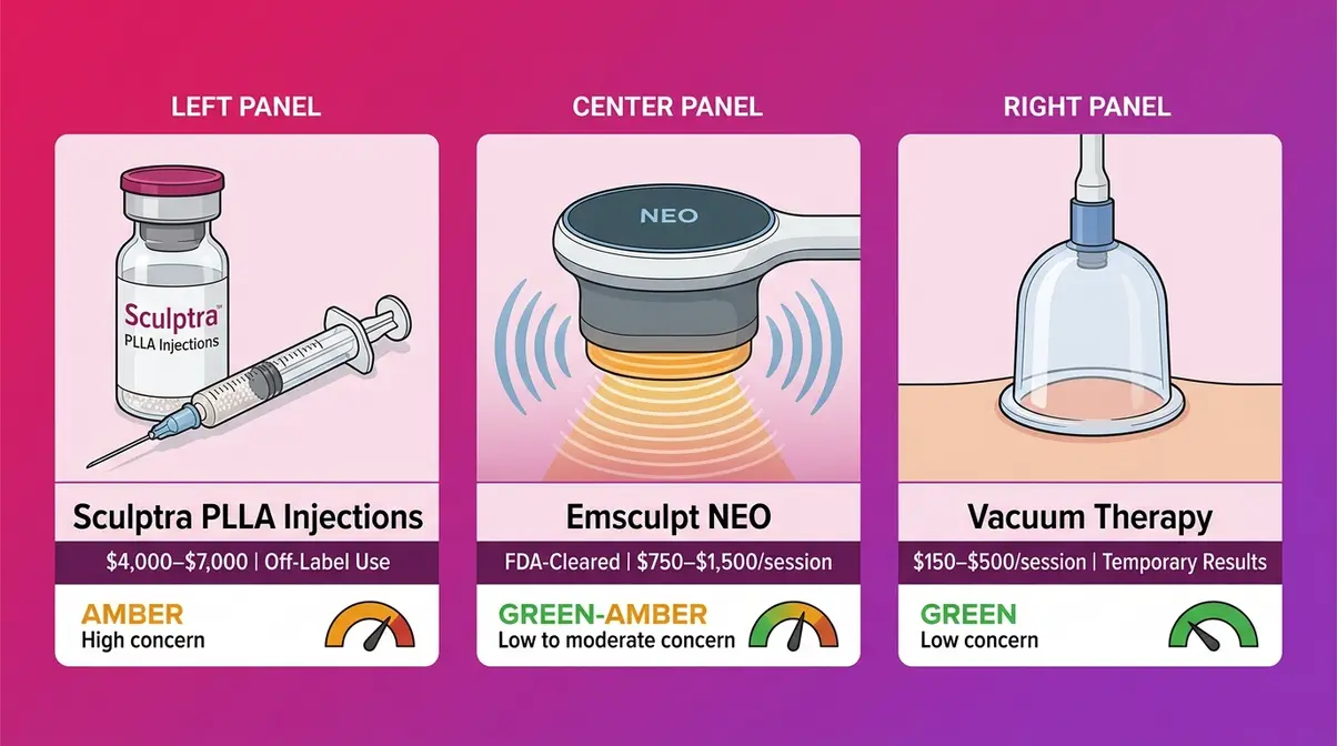 Illustrated overview of three non-surgical butt enhancement options: Sculptra injections, Emsculpt NEO, and vacuum therapy