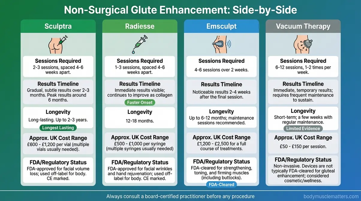 Comparison infographic of Sculptra Radiesse Emsculpt and vacuum therapy cost sessions and longevity for bigger bum without surgery