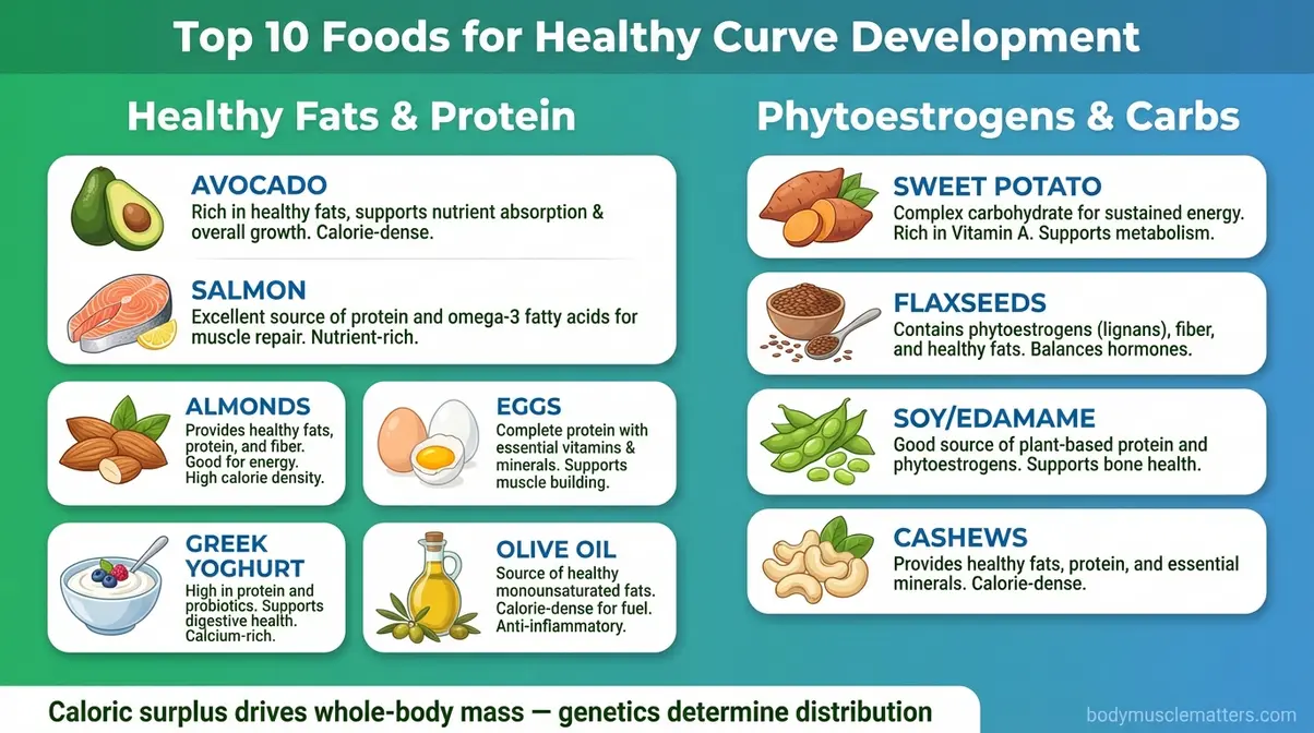 Nutrition cheat sheet showing top foods for curve development including avocado eggs salmon and sweet potato for bigger bum