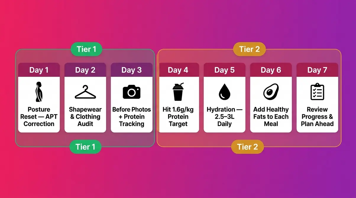 Seven-day action plan calendar for getting a bigger bum without exercise covering posture, nutrition, and hydration steps