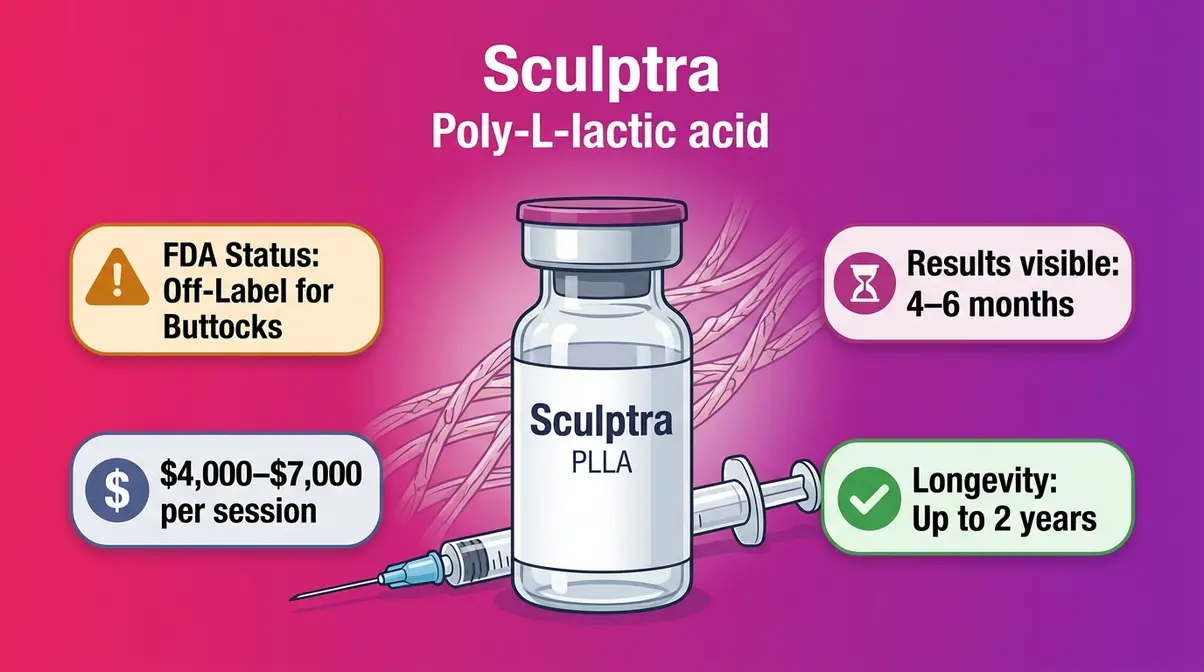 Clinical illustration of Sculptra PLLA injectable filler for non-surgical gluteal augmentation with key cost and risk data
