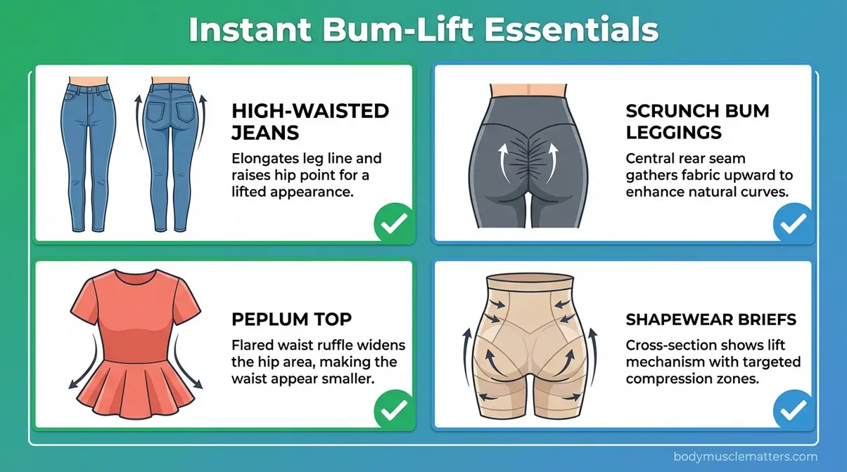 Visual checklist of high-waisted jeans scrunch leggings peplum top and shapewear for bigger bum without exercise