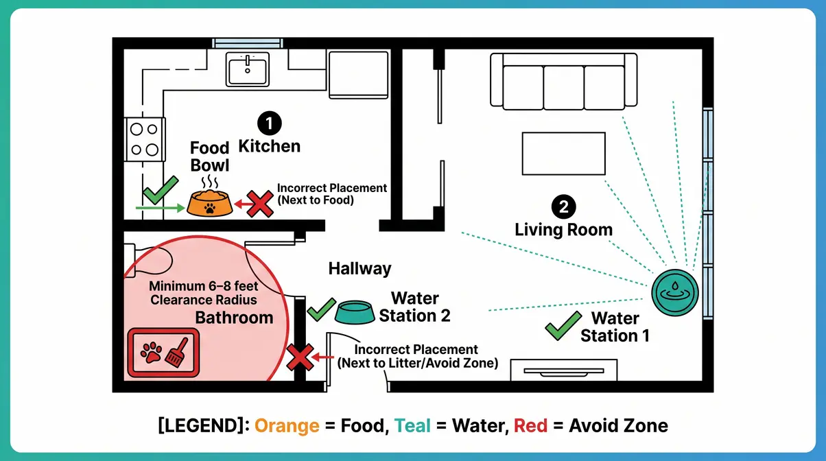 Floor plan diagram showing optimal cat water bowl placement away from food bowl and litter box