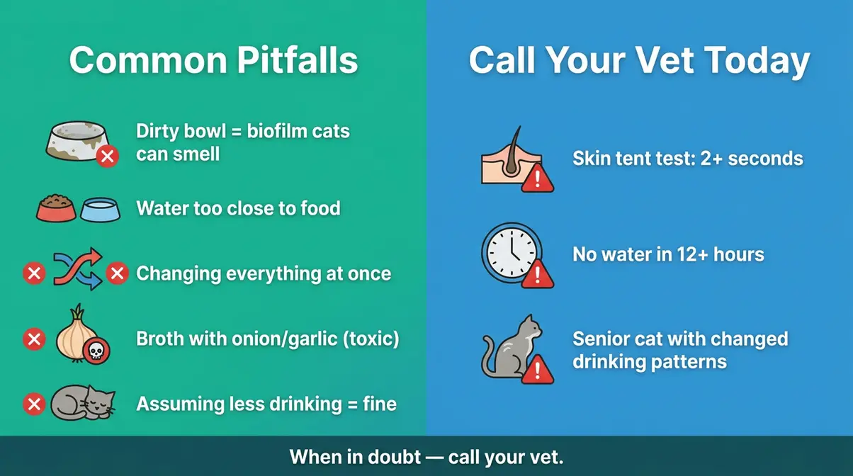 Infographic showing five common cat hydration pitfalls and three signs to call your vet immediately