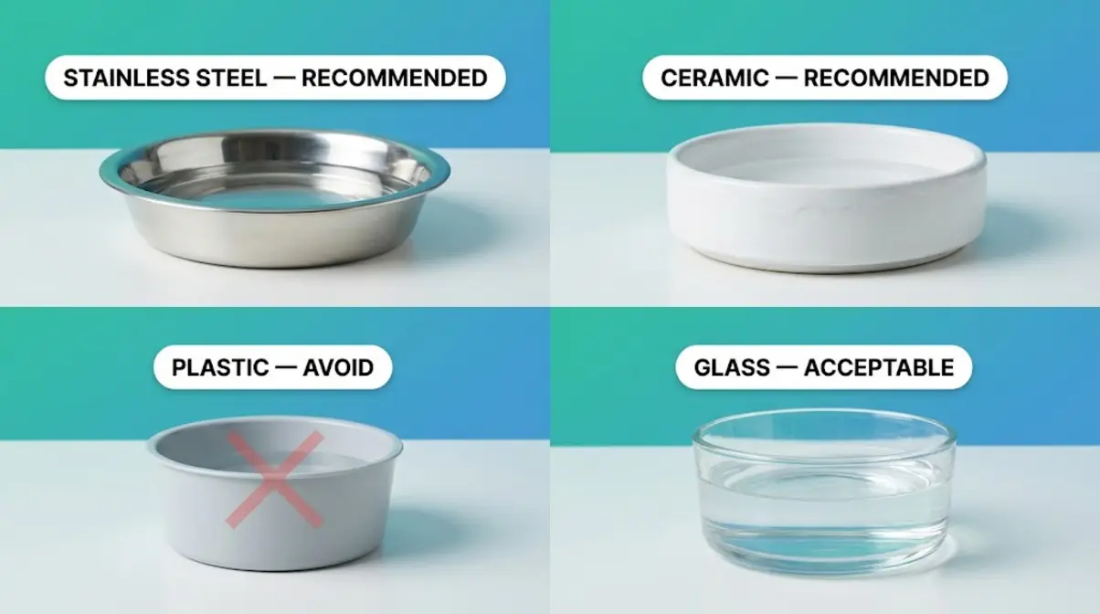 Four cat water bowl types compared — stainless steel and ceramic recommended over plastic for hydration