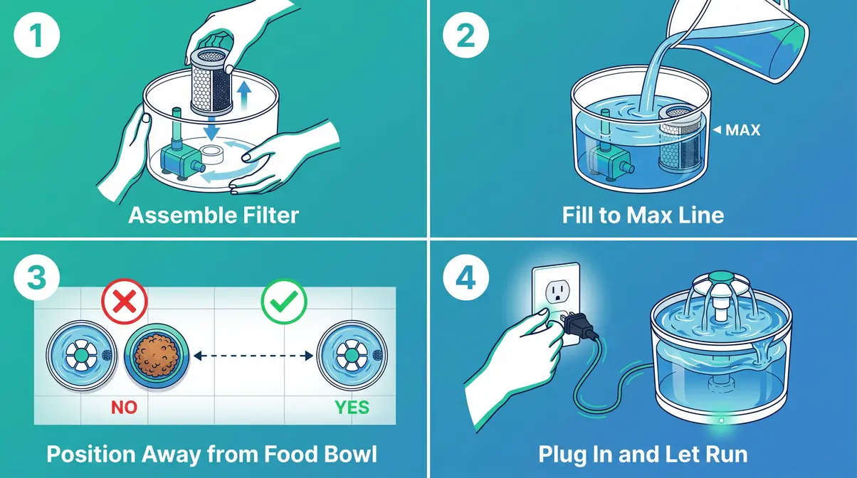 Four-step cat water fountain setup diagram showing filter assembly, fill line, placement, and power