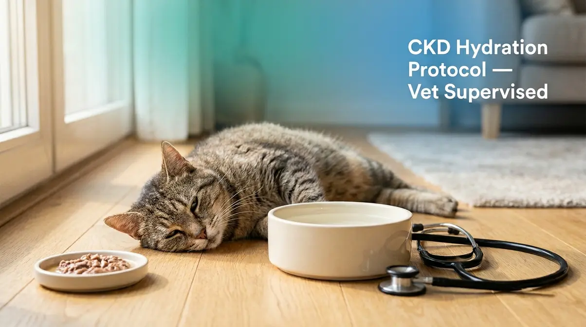 Senior cat with CKD resting beside water bowl and wet food as part of vet-supervised hydration protocol