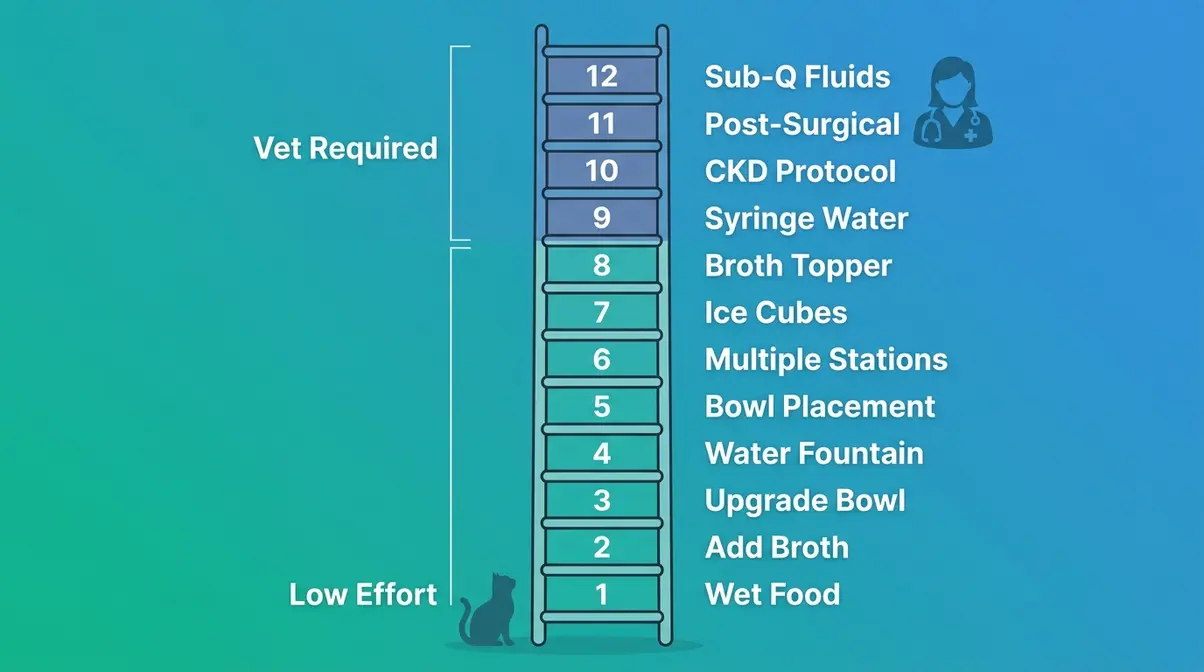 Feline Hydration Ladder diagram showing 12 rungs from wet food to subcutaneous fluids for cats