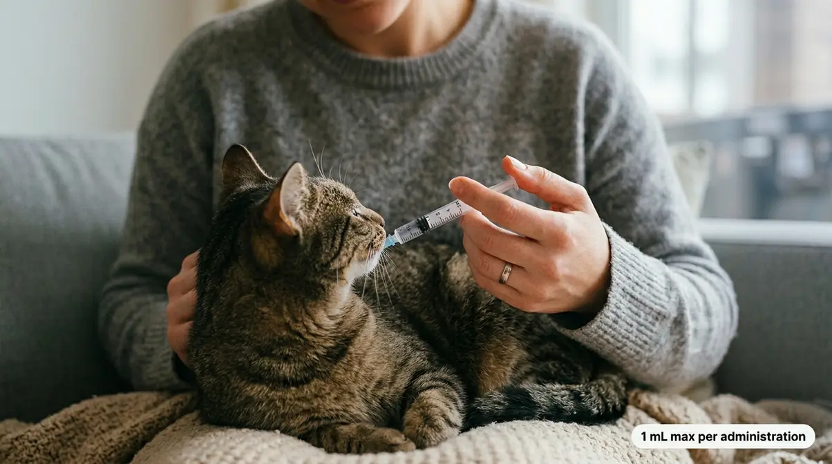 Person gently syringe-watering a recovering cat using correct corner-of-mouth technique