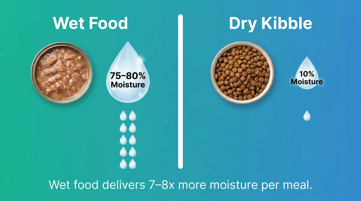 Infographic comparing wet food moisture content 75–80% versus dry kibble 10% for cat hydration