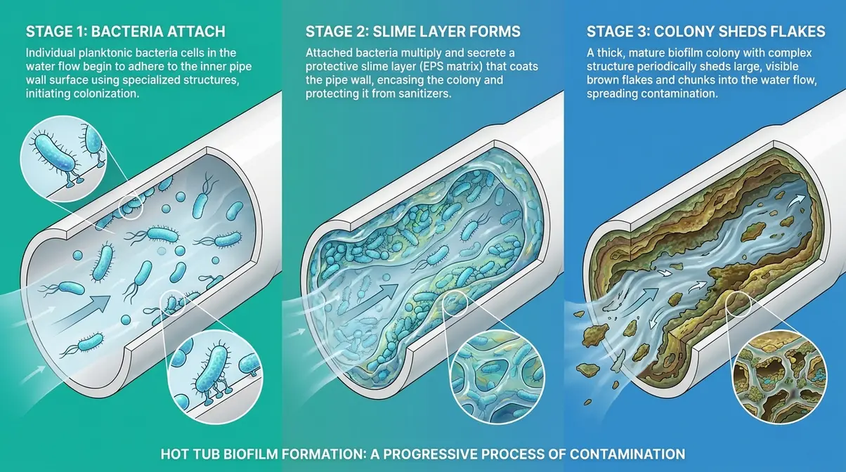 How to Get Rid of Biofilm in Hot Tub: 7-Step Guide 2 Cross-section diagram showing how biofilm forms inside hot tub plumbing pipes in three stages