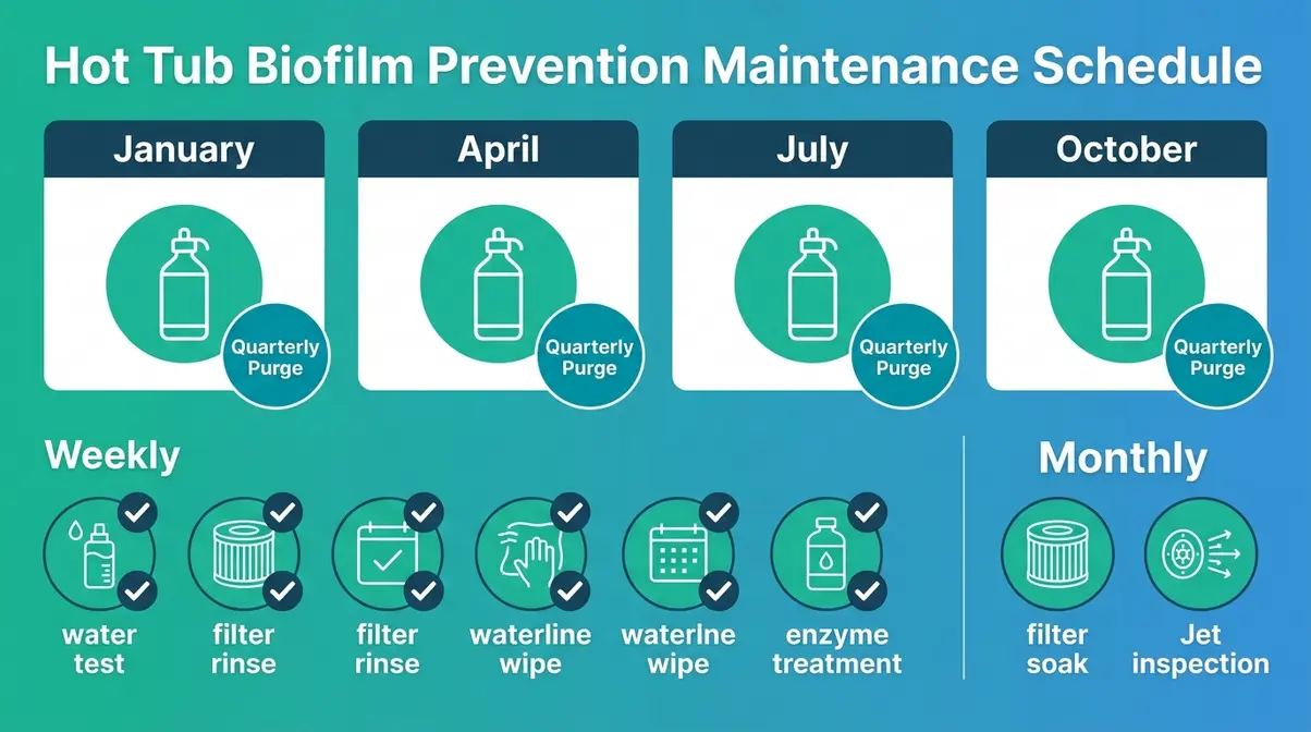 How to Get Rid of Biofilm in Hot Tub: 7-Step Guide 1 Hot tub biofilm prevention schedule showing weekly monthly and quarterly maintenance tasks