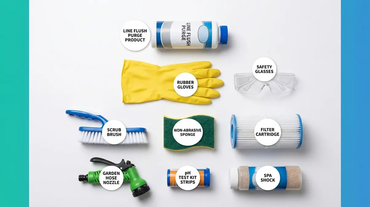 How to Get Rid of Biofilm in Hot Tub: 7-Step Guide 3 Supplies needed to remove hot tub biofilm including purge product gloves brush and filter cleaner