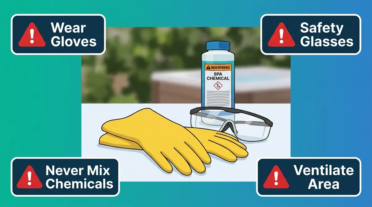 How to Get Rid of Biofilm in Hot Tub: 7-Step Guide 7 Hot tub chemical safety rules showing gloves glasses and ventilation requirements for biofilm treatment