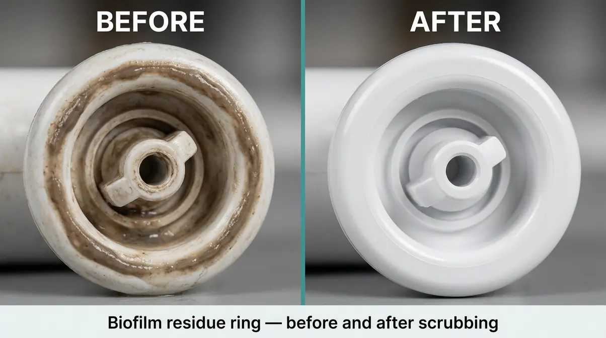 How to Get Rid of Biofilm in Hot Tub: 7-Step Guide 5 Hot tub jet nozzle before and after scrubbing showing biofilm residue ring removed