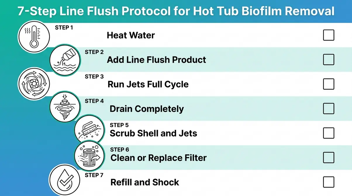 How to Get Rid of Biofilm in Hot Tub: 7-Step Guide 4 Seven-step visual checklist infographic for the Line Flush Protocol to remove hot tub biofilm