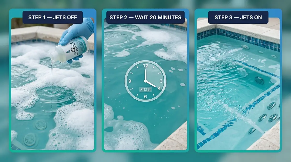 How to Get Rid of Hot Tub Foam: Step-by-Step Fix 8 Step-by-step photo series showing how to apply defoamer to remove hot tub foam