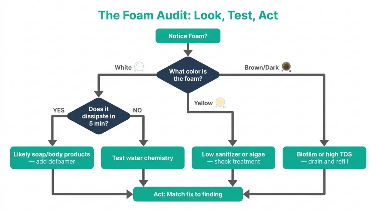 How to Get Rid of Hot Tub Foam: Step-by-Step Fix 5 The Foam Audit flowchart for diagnosing foam in hot tub water by color