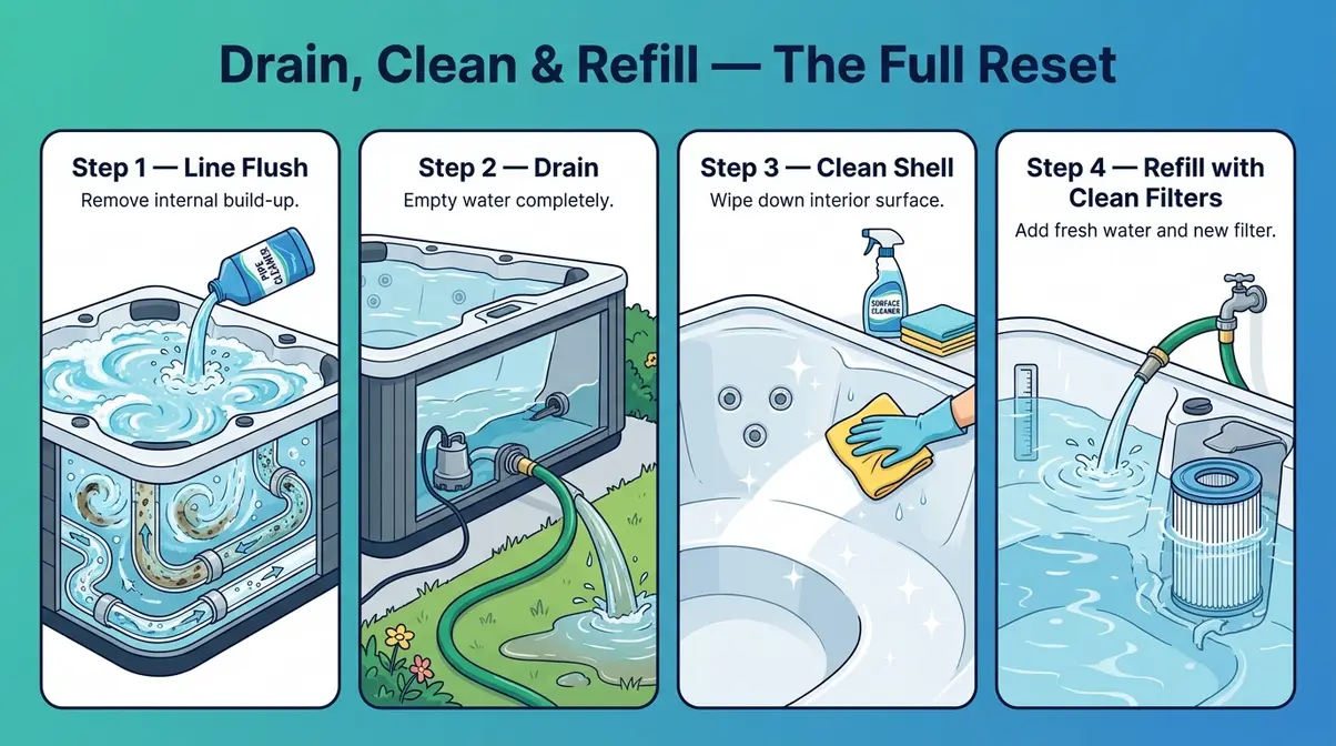 How to Get Rid of Hot Tub Foam: Step-by-Step Fix 10 Step-by-step illustration of hot tub drain clean and refill process to remove foam