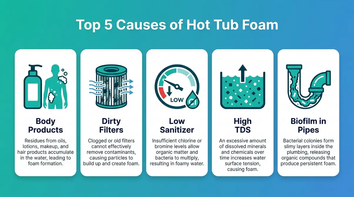 How to Get Rid of Hot Tub Foam: Step-by-Step Fix 2 Infographic showing the top 5 causes of foam in hot tub water with icons