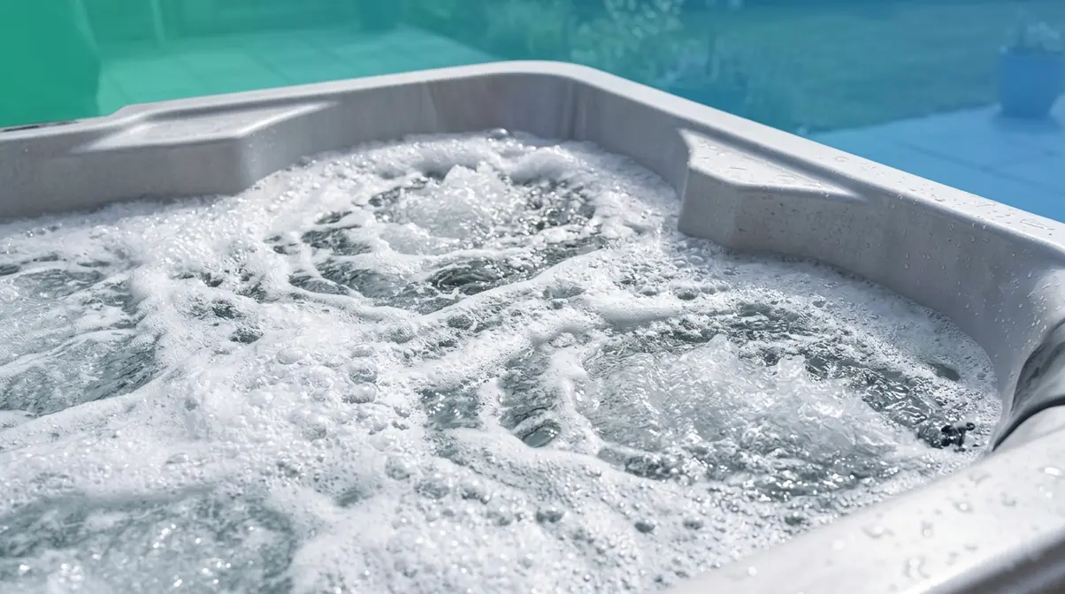How to Get Rid of Hot Tub Foam: Step-by-Step Fix 1 White foam covering hot tub water surface with jets running — common foaming problem
