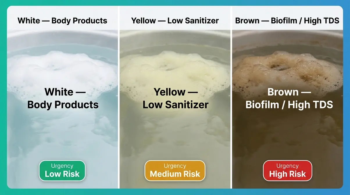 How to Get Rid of Hot Tub Foam: Step-by-Step Fix 4 Three hot tub foam colors compared — white, yellow, and brown foam with urgency levels