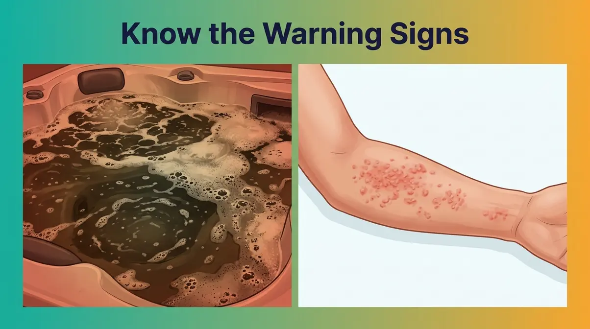 How to Get Rid of Hot Tub Foam: Step-by-Step Fix 7 Foamy hot tub water health warning showing contaminated water and skin irritation risk