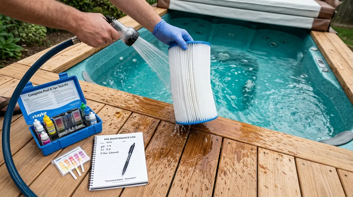 How to Get Rid of Hot Tub Foam: Step-by-Step Fix 6 Hot tub foam prevention routine showing filter rinsing, test strips, and maintenance log