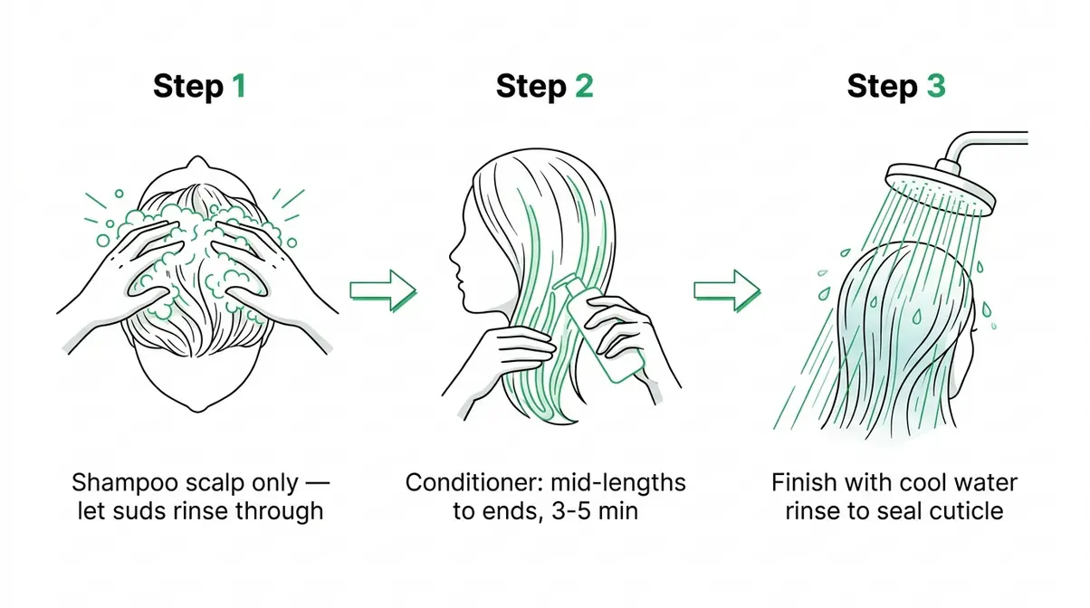 Step-by-step illustration showing how to wash frizzy hair correctly with sulfate-free shampoo and conditioner