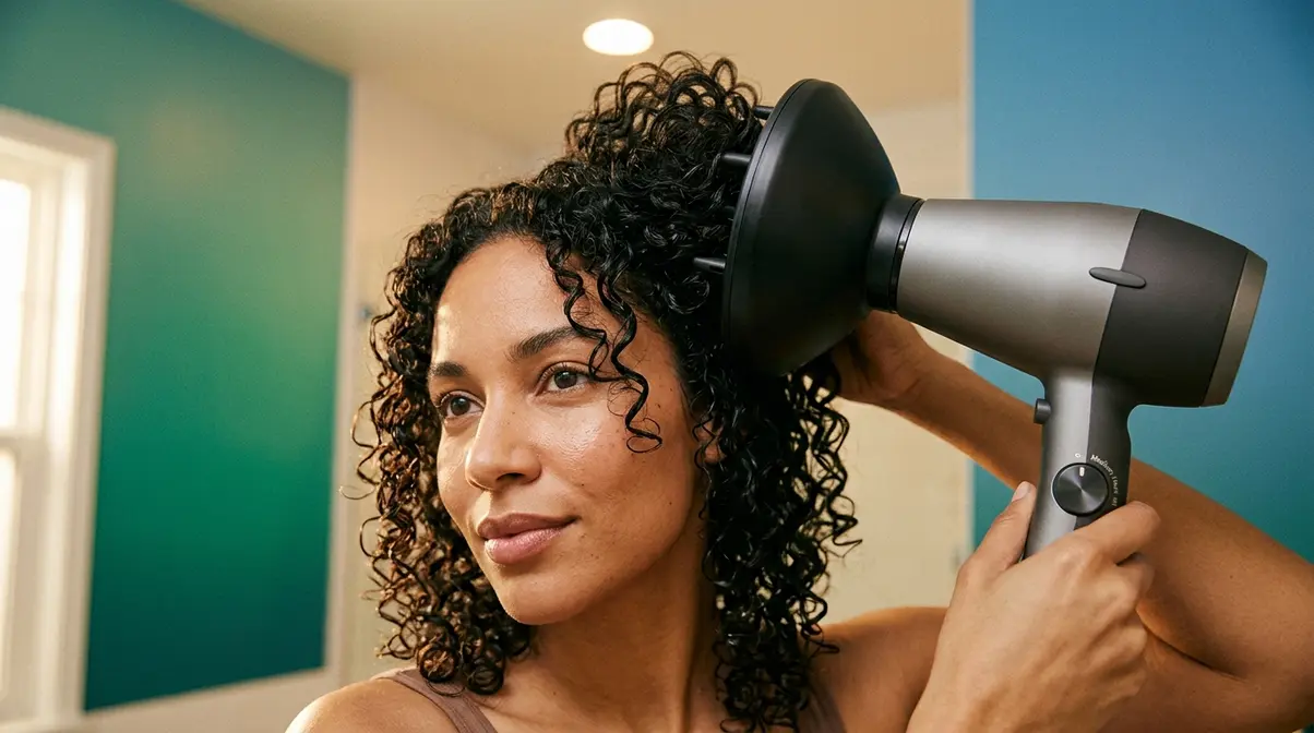 Woman using a diffuser attachment on a hair dryer to dry curly frizzy hair without disrupting curl pattern