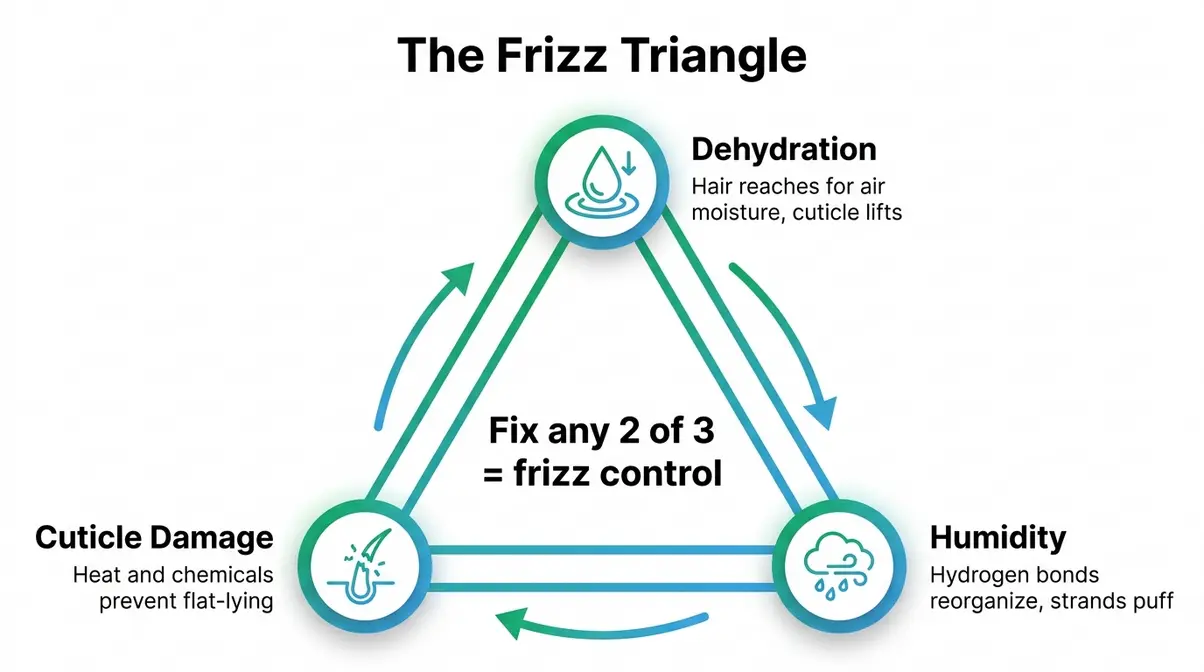 Infographic diagram showing the three root causes of frizzy hair: dehydration, cuticle damage, and humidity