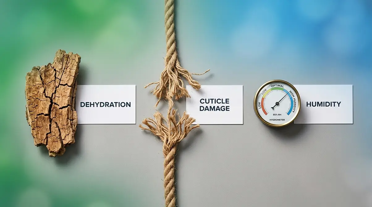 Three visual symbols representing the main causes of frizzy hair: dehydration, cuticle damage, and humidity