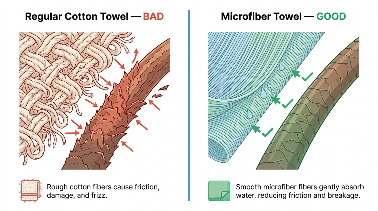 Comparison illustration showing how a regular cotton towel causes frizzy hair cuticle damage versus a smooth microfiber towel