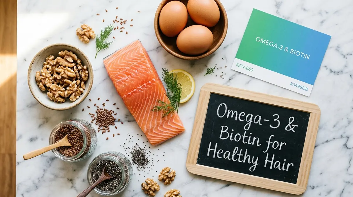 Omega-3 and biotin-rich foods like salmon, walnuts, and eggs that help reduce frizzy hair from nutritional deficiency