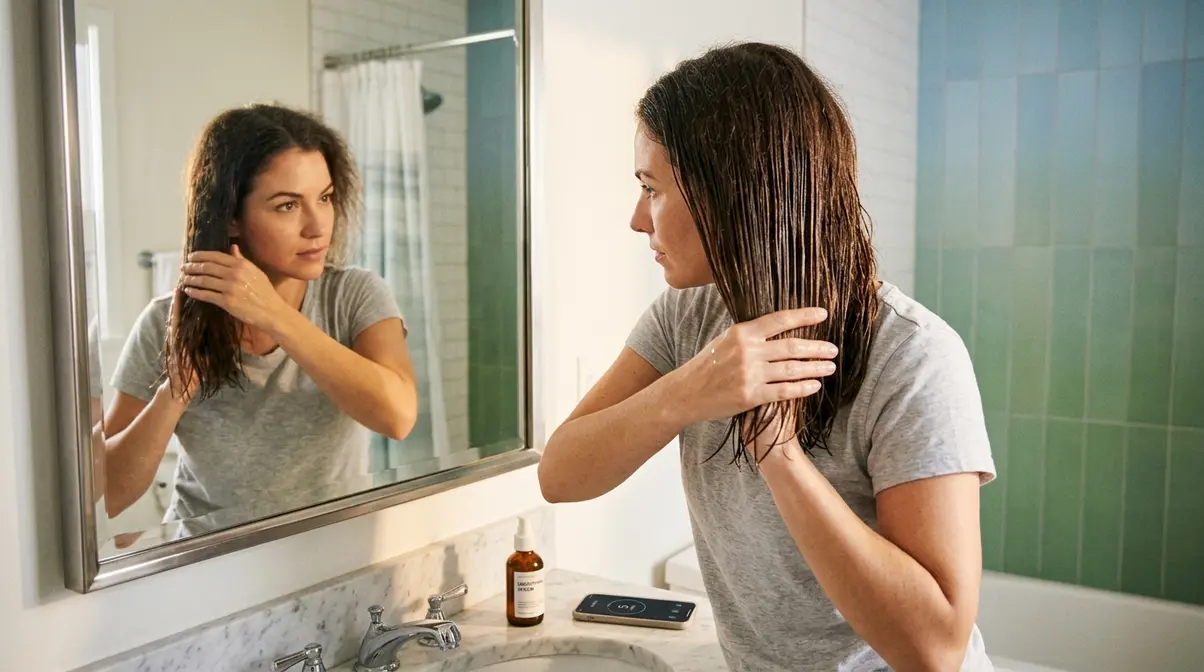 Woman using the water-and-smooth method to get rid of frizzy hair in five minutes without products