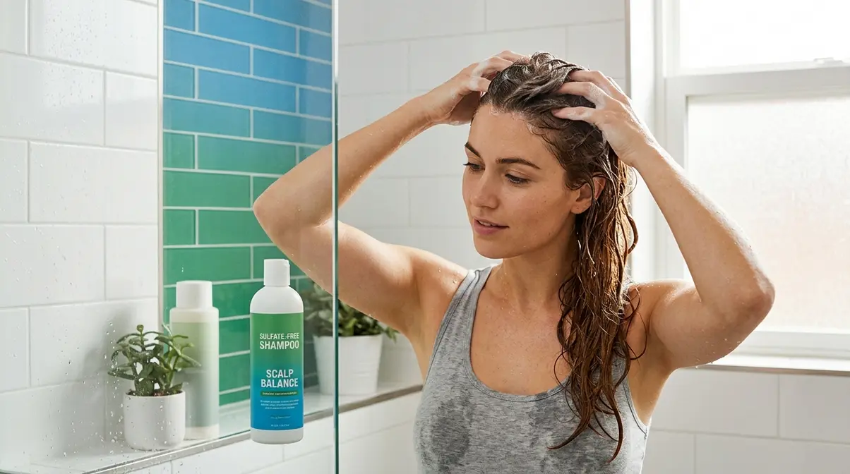 Woman applying sulfate-free shampoo to scalp only as part of a correct frizzy hair wash routine